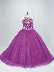 Gorgeous Scoop Sleeveless Sweet 16 Dress Beading Purple Tulle