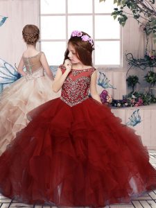 Red Organza Lace Up Scoop Sleeveless Floor Length Kids Formal Wear Beading and Ruffles