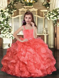 Floor Length Coral Red Glitz Pageant Dress Organza Sleeveless Ruffles