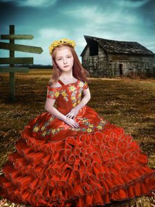 Orange Red Lace Up Off The Shoulder Embroidery and Ruffled Layers Kids Pageant Dress Organza Short Sleeves