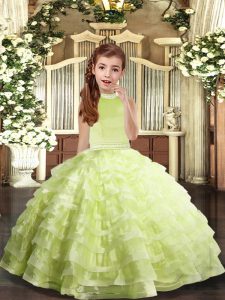 Yellow Green Ball Gowns Beading and Ruffled Layers Pageant Dress Backless Organza Sleeveless Floor Length