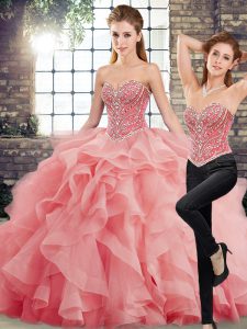Comfortable Sleeveless Tulle Brush Train Lace Up Quinceanera Gowns in Watermelon Red with Beading and Ruffles