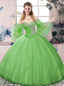 Fantastic Tulle Sweetheart Long Sleeves Lace Up Beading Ball Gown Prom Dress in Green