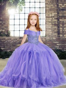 Super Ball Gowns Pageant Dress Womens Lavender Off The Shoulder Taffeta and Tulle Sleeveless Floor Length Lace Up