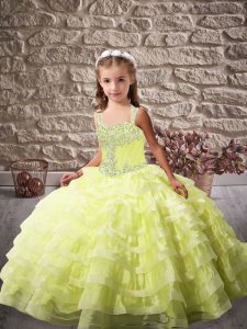 Beautiful Yellow Green Organza Lace Up Straps Sleeveless Little Girl Pageant Dress Brush Train Beading and Ruffled Layers