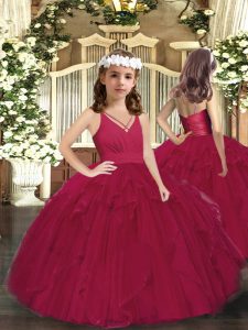 Elegant Burgundy Ball Gowns V-neck Sleeveless Tulle Floor Length Zipper Ruffles and Ruching Little Girls Pageant Dress Wholesale