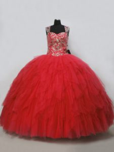 Hot Selling Sleeveless Tulle Floor Length Lace Up Quinceanera Dresses in Red with Beading and Ruffles