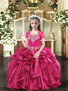 Perfect Straps Sleeveless Lace Up Kids Formal Wear Hot Pink Organza