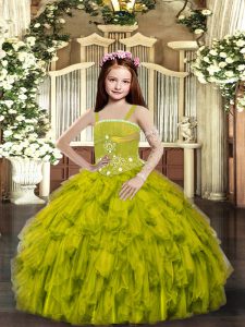 Floor Length Olive Green Girls Pageant Dresses Straps Sleeveless Lace Up