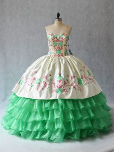 Customized Apple Green Ball Gowns Organza Sweetheart Sleeveless Embroidery and Ruffled Layers Floor Length Lace Up Juniors Party Dress