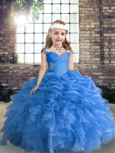 Blue Organza Lace Up Straps Sleeveless Floor Length Pageant Dress Toddler Beading and Ruffles and Pick Ups