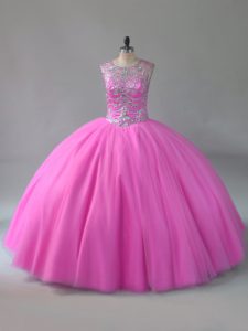 Best Selling Rose Pink Scoop Lace Up Beading Quinceanera Dress Sleeveless