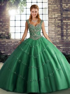 Sleeveless Tulle Floor Length Lace Up Quince Ball Gowns in Green with Beading and Appliques