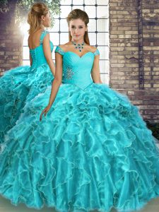 Latest Sleeveless Brush Train Lace Up Beading and Ruffles Quinceanera Gowns