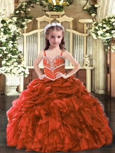 Sleeveless Floor Length Beading and Ruffles Lace Up Child Pageant Dress with Rust Red