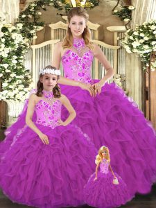 Hot Selling Fuchsia Ball Gowns Tulle Halter Top Sleeveless Embroidery and Ruffles Floor Length Lace Up Quince Ball Gowns