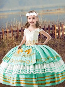 Best Apple Green Off The Shoulder Lace Up Embroidery Little Girls Pageant Dress Sleeveless