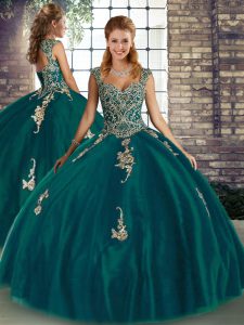 High Class Peacock Green Straps Lace Up Beading and Appliques Party Dress Sleeveless