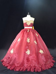 Custom Fit Red and Burgundy Organza Zipper Quinceanera Gowns Sleeveless Appliques