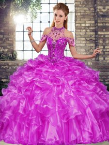 Unique Organza Halter Top Sleeveless Lace Up Beading and Ruffles Sweet 16 Dress in Purple
