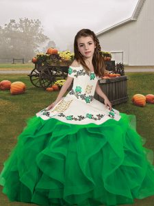 Green Ball Gowns Embroidery and Ruffles Pageant Dress for Womens Lace Up Organza Sleeveless Floor Length