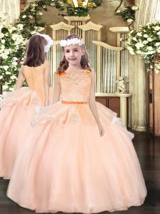 Peach Organza Zipper Scoop Sleeveless Floor Length Kids Pageant Dress Lace