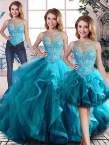 Wonderful Aqua Blue Scoop Neckline Beading and Ruffles Quince Ball Gowns Sleeveless Lace Up