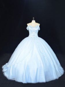 Blue Tulle Lace Up Off The Shoulder Sleeveless Quinceanera Gowns Court Train Beading