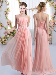 Pink Lace Up Strapless Beading Dama Dress for Quinceanera Chiffon Sleeveless Sweep Train
