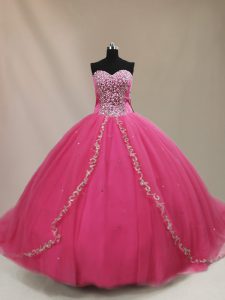 Traditional Sweetheart Sleeveless Quinceanera Gowns Court Train Beading Hot Pink Tulle