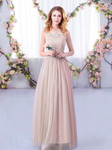 Flare Scoop Sleeveless Quinceanera Court of Honor Dress Floor Length Lace and Belt Pink Tulle
