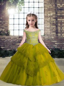 Olive Green Off The Shoulder Neckline Beading and Appliques Girls Pageant Dresses Sleeveless Lace Up