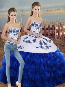 Floor Length Royal Blue Sweet 16 Dresses Organza Sleeveless Embroidery and Ruffled Layers and Bowknot