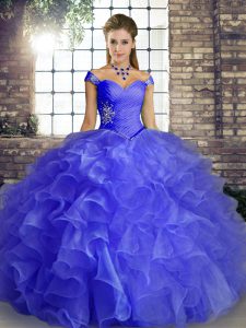 Floor Length Blue Quinceanera Gown Off The Shoulder Sleeveless Lace Up
