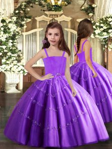 Floor Length Purple Pageant Gowns For Girls Tulle Sleeveless Beading