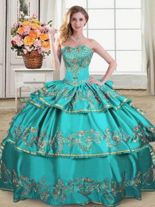 Adorable Embroidery and Ruffled Layers 15th Birthday Dress Aqua Blue Lace Up Sleeveless Floor Length