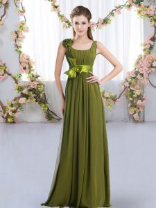 Straps Sleeveless Quinceanera Dama Dress Floor Length Belt and Hand Made Flower Olive Green Chiffon