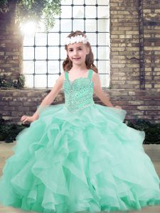 Ball Gowns Child Pageant Dress Apple Green Straps Tulle Sleeveless Floor Length Lace Up