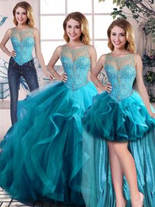Sleeveless Tulle Floor Length Lace Up Sweet 16 Dresses in Aqua Blue with Beading and Ruffles