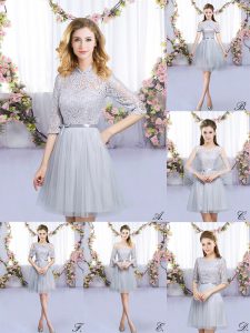 Tulle High-neck Half Sleeves Zipper Lace and Belt Dama Dress in Grey