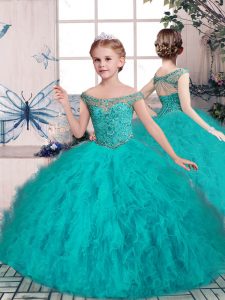 Tulle Off The Shoulder Sleeveless Lace Up Beading Kids Formal Wear in Teal