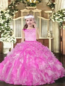 Lilac Organza Zipper Scoop Sleeveless Floor Length Little Girl Pageant Dress Beading and Ruffles