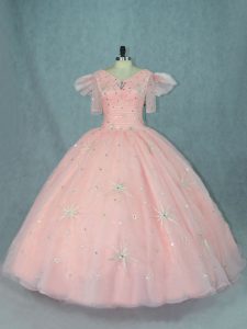 Fitting Peach V-neck Neckline Beading Ball Gown Prom Dress Short Sleeves Zipper