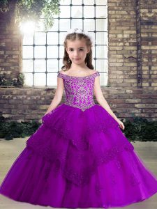 Off The Shoulder Sleeveless Little Girls Pageant Dress Floor Length Beading and Lace and Appliques Eggplant Purple Chiffon
