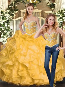 Edgy Gold Lace Up Sweetheart Beading and Ruffles Vestidos de Quinceanera Organza Sleeveless