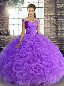 Chic Ball Gowns Sweet 16 Dress Lavender Off The Shoulder Fabric With Rolling Flowers Sleeveless Floor Length Lace Up