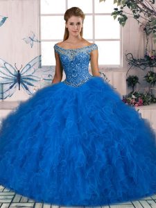 Fancy Sleeveless Beading and Ruffles Lace Up Sweet 16 Dress with Blue