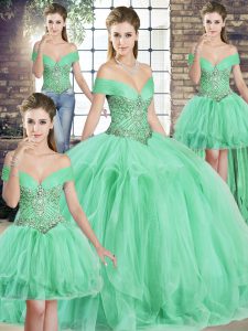 Modest Off The Shoulder Sleeveless Lace Up 15th Birthday Dress Apple Green Tulle