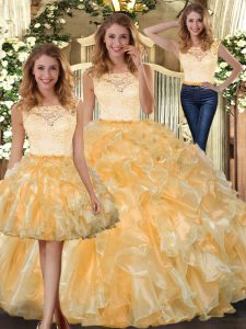 Captivating Floor Length Three Pieces Sleeveless Gold Sweet 16 Dress Clasp Handle