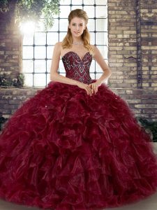 Burgundy Sweetheart Neckline Beading and Ruffles Quinceanera Gowns Sleeveless Lace Up
